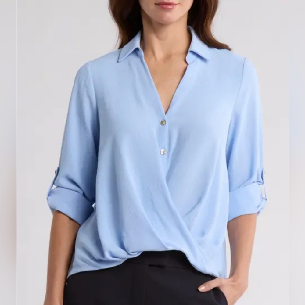 Women's Light Blue Faux-Wrap Blouse with Roll-Tab Sleeves